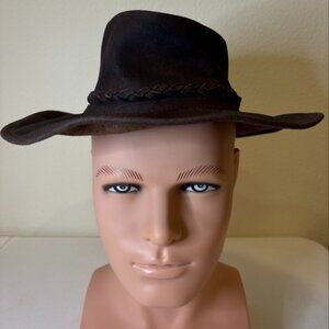 Brown Suede Leather Cowboy Outback Style Hat with Braided Band - Size S 6-3/4